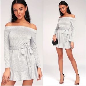 Lulus Cute Grey Off Shoulder Sweater Mini Dress